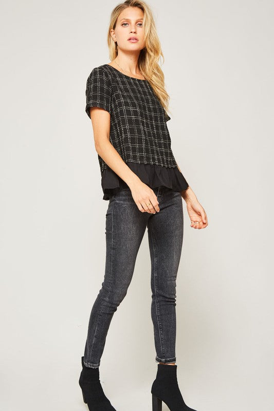Plaid Tweed Short-Sleeve Top