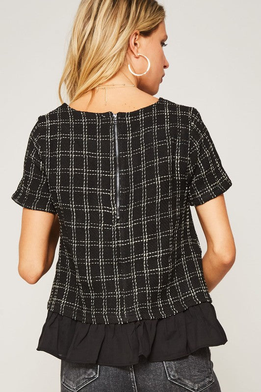 Plaid Tweed Short-Sleeve Top