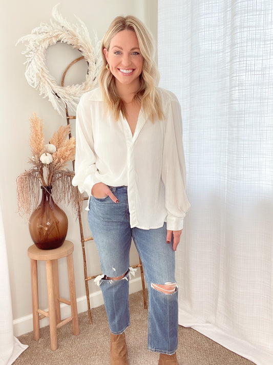 Pleated Satin Button Down Top