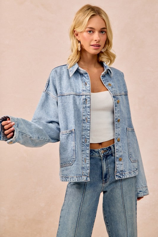 Washed Denim Jacket With Double Pocket Back Pleat