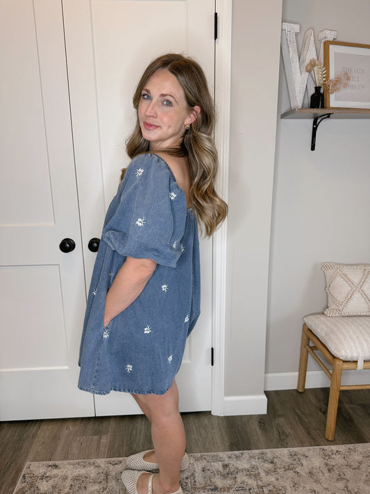 Embroidered Denim Romper