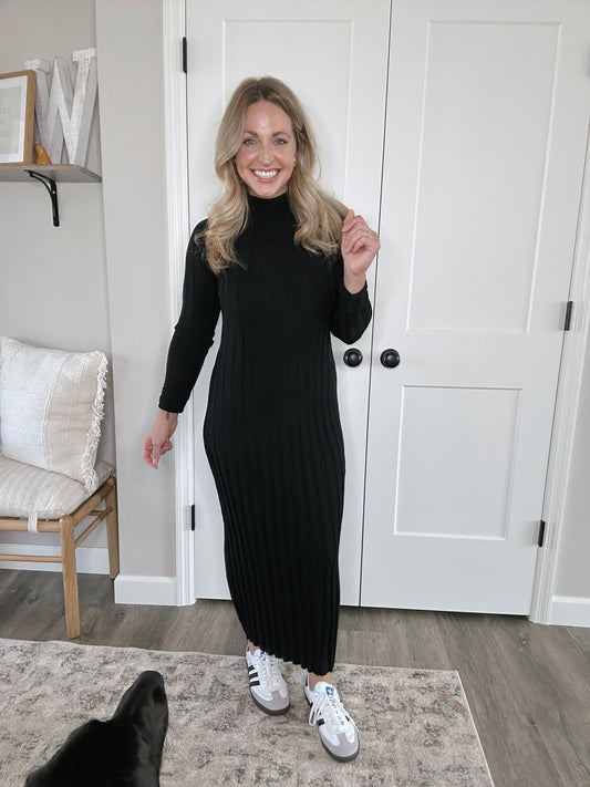 Ribbed Knit Turtle Neck Sweater Dress