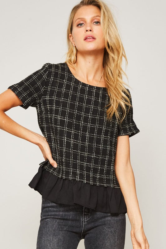 Plaid Tweed Short-Sleeve Top