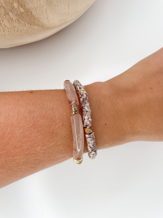 Tan Marble Acrylic Tube Bamboo Bracelet