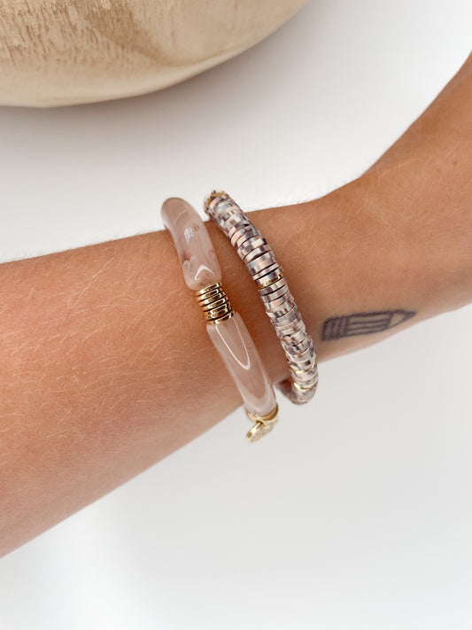 Tan Marble Acrylic Tube Bamboo Bracelet