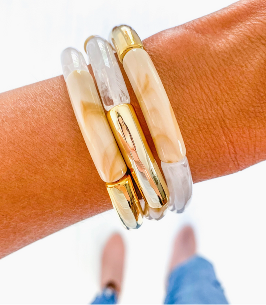 Caramel Marble & Gold Acrylic Tube Bamboo Bracelet
