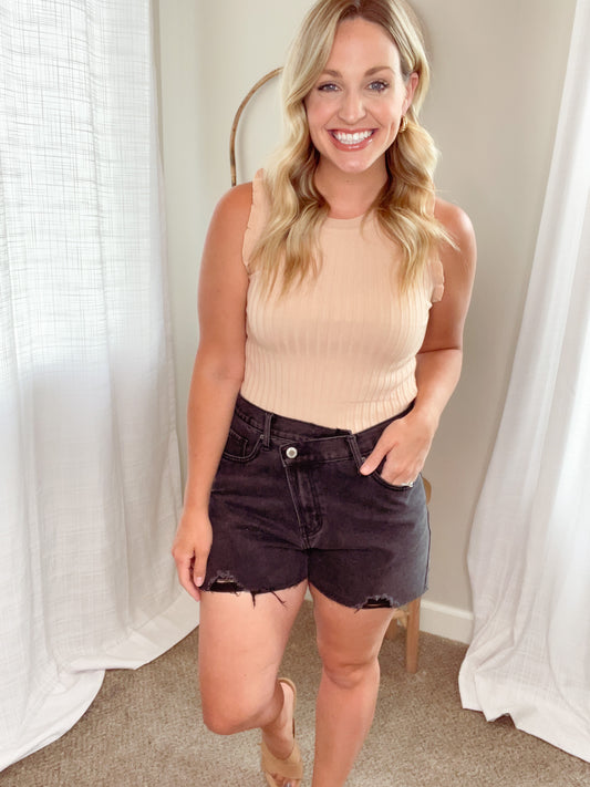 Overlap Distressed Denim Shorts